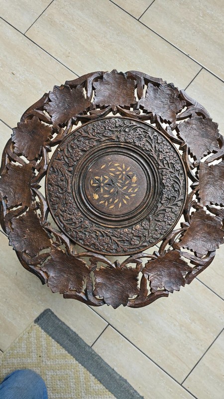 vintage Teak carved folding side table plantstand table bevelled leaves gallery