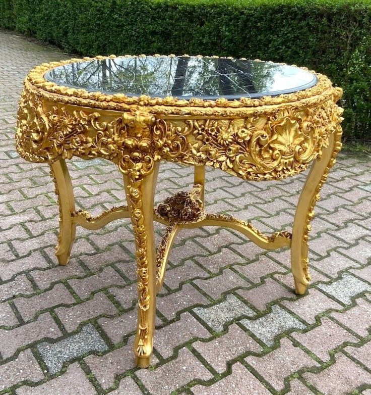 Table Italian Baroque Gold Carved Base with Original Black Marble Top Vintage