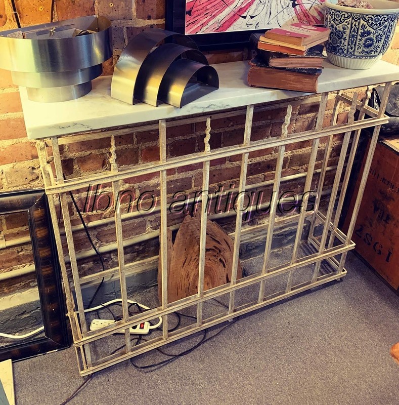 CUSTOM ARCHITECTURAL SALVAGE WROUGHT IRON WALL CONSOLE TABLE W/ MARBLE TOP