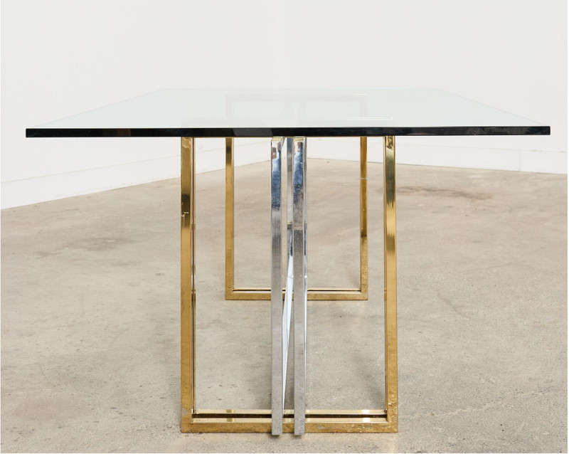 Romeo Rega Hollywood Regency Italian Designer Glass Brass & Chrome Dining Table gallery