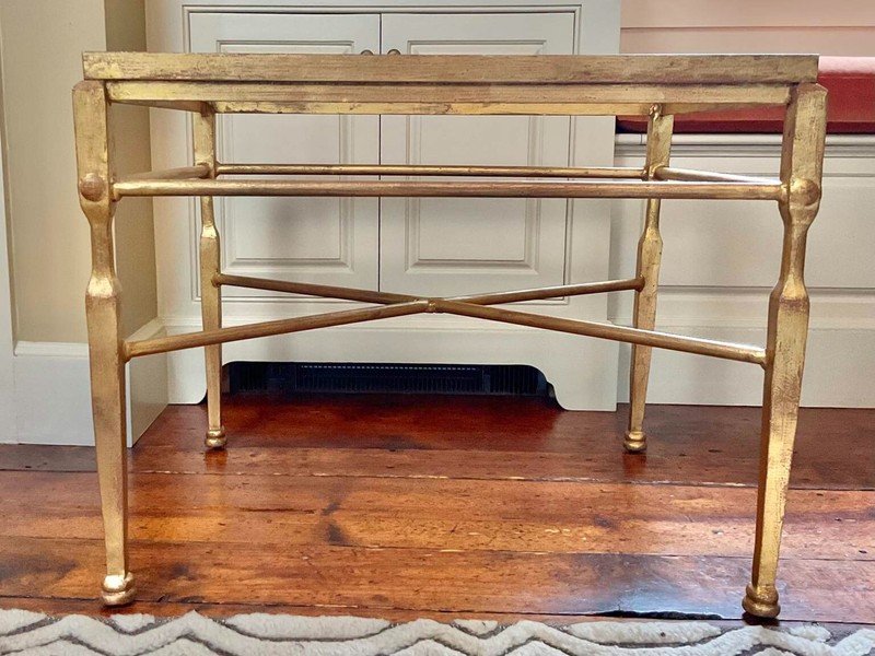 Hollywood Regency Maison Jansen Style Gilt Iron Inset Glass Accent Side Table