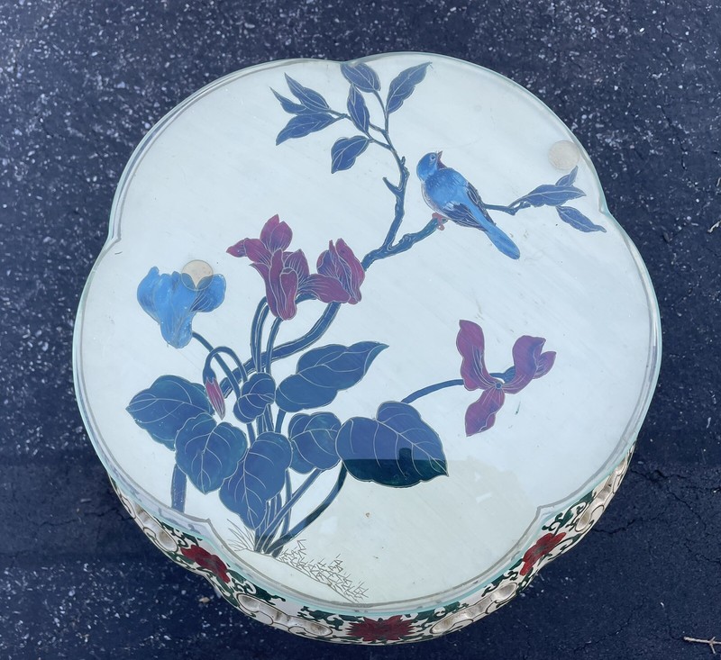Hand Painted Laquer Cream Green Red Cloisonné Side Table ~ Glass top custom made gallery
