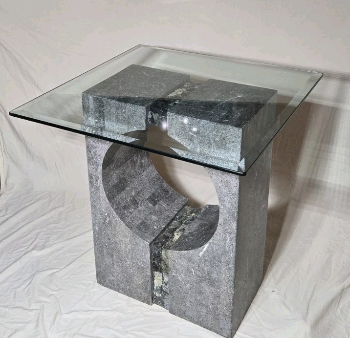 Vintage 80s Mid-century Modern Graphic Tessellated Granite Accent Table 27"x 29" gallery