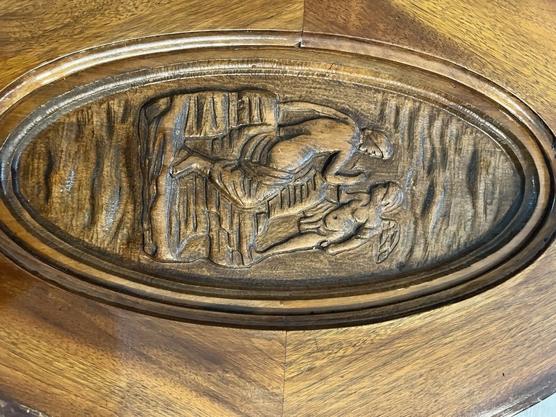 Antique Glass Top Tray Coffee Table with Carved Angels and Bibical Picture