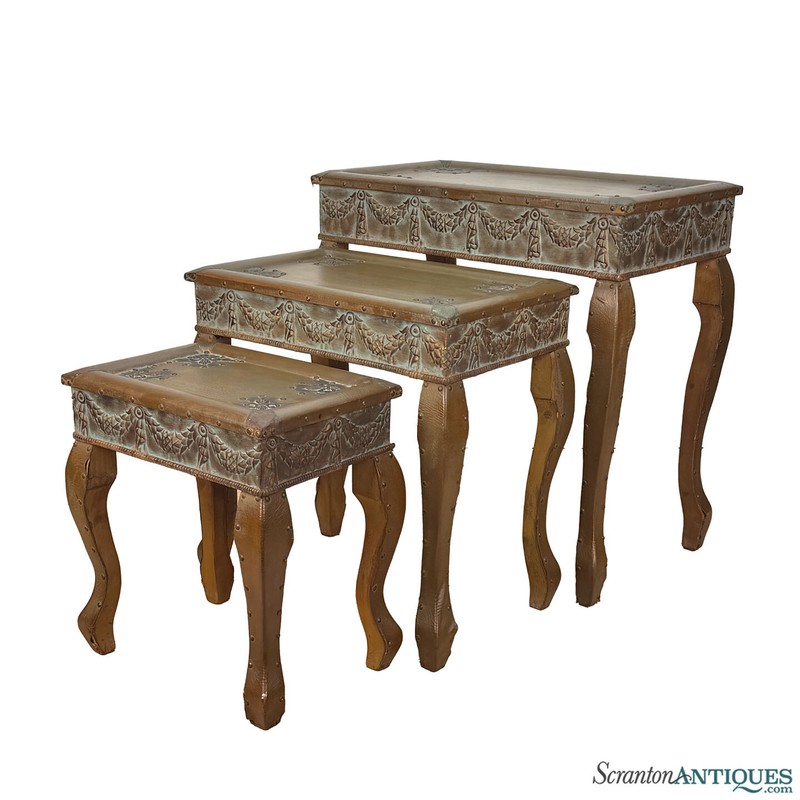 Vintage Traditional Rococo Leather Wrapped Nesting Tables – Set of 3