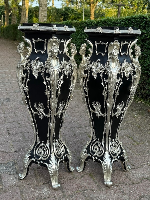 Pedestals display stands Italian Baroque Black Silver Marble Top Pair XL 43in