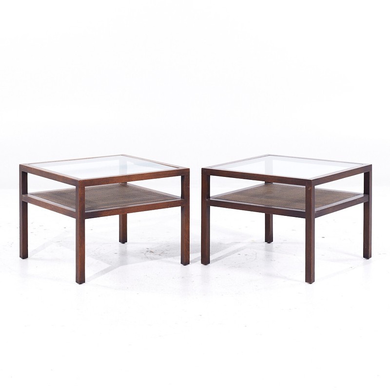 Founders Style Mid Century Oak, Cane and Glass End Tables – Pair