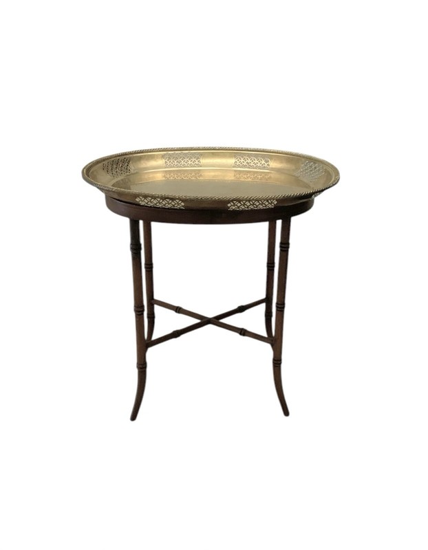 Table Maitland Smith Wood Bamboo Design with Brass Tray Vintage Side Table