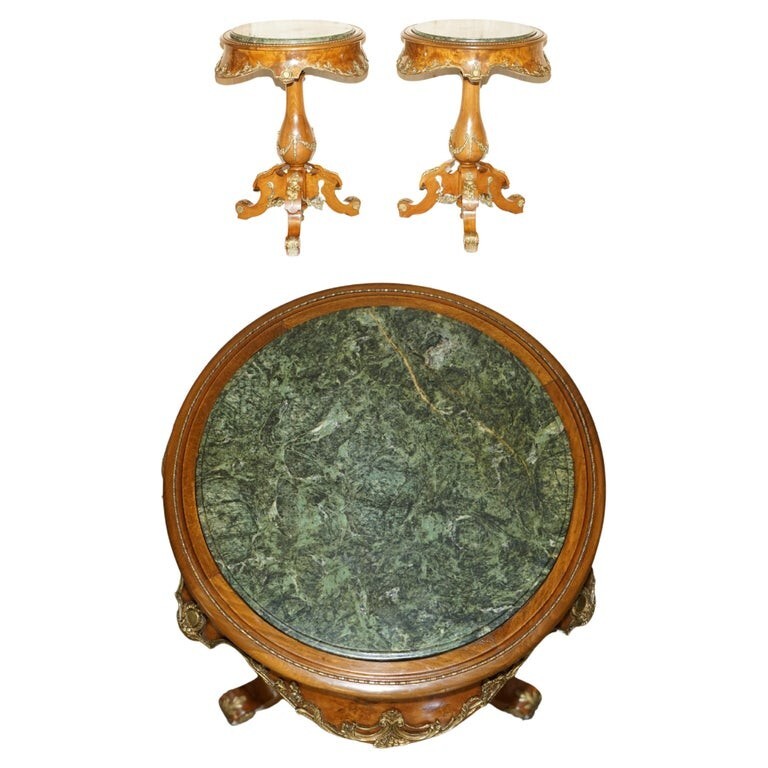 PAIR OF ANTIQUE FRENCH 1880 BURR WALNUT, GILT BRASS GREEN MARBLE SIDE END TABLES