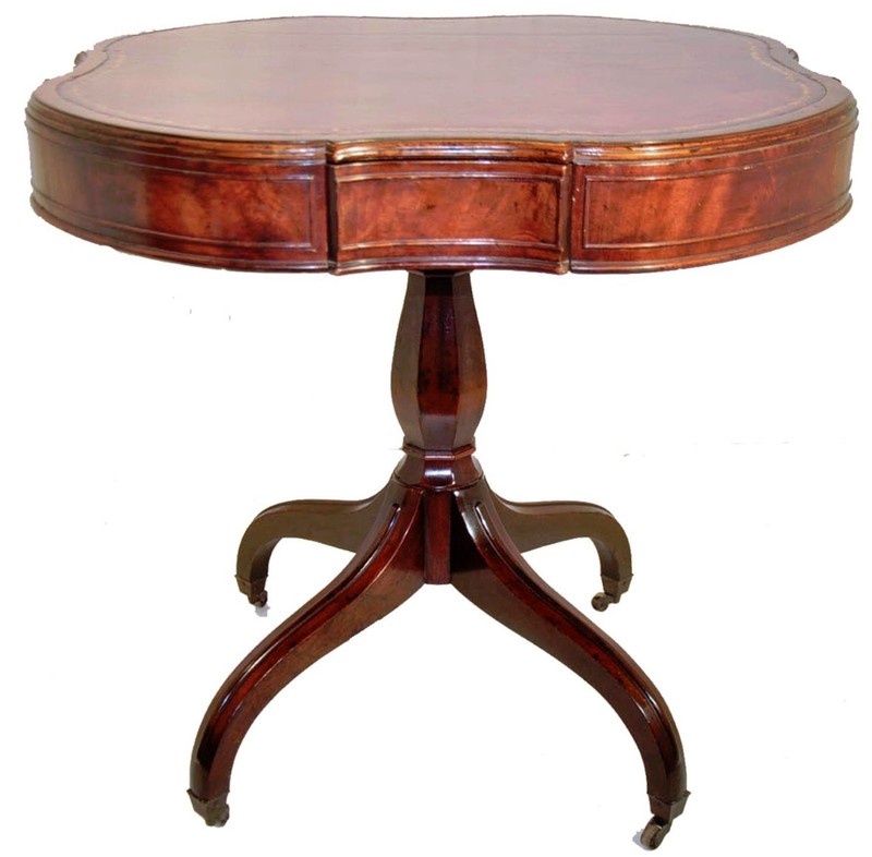 English Regency Style Mahogany Card Game Table, Leather Inset, Gold Tooling