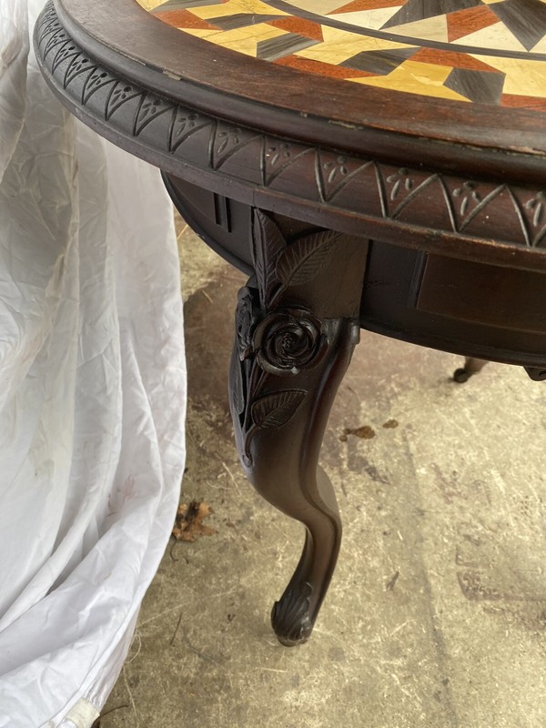 CARVED WALNUT MARBLE INLAID TABLE gallery