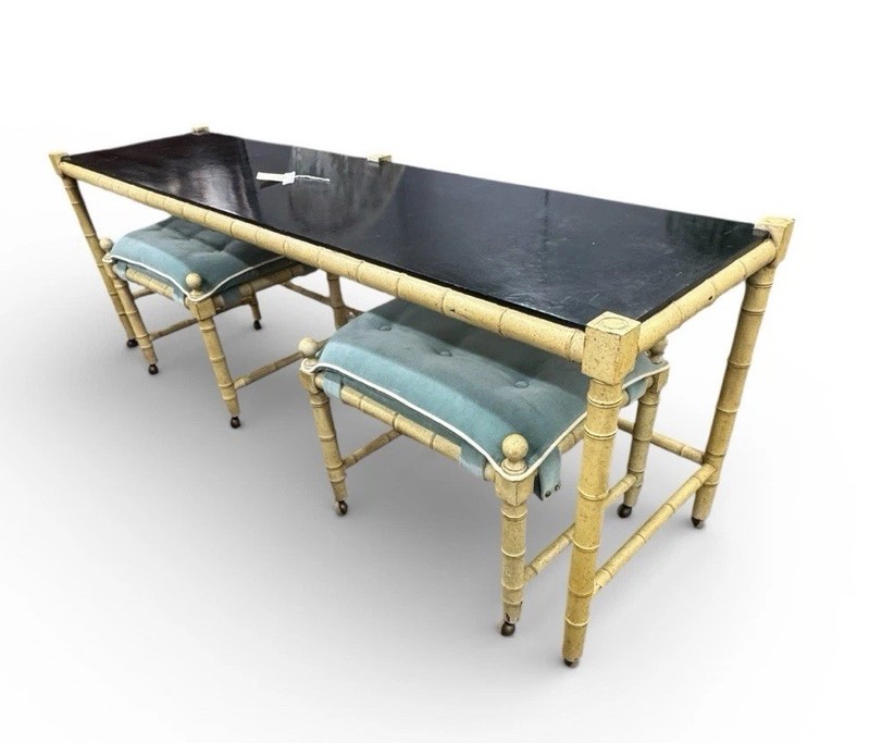 Vintage Hollywood Regency Faux Bamboo 78″ Long Sofa Console Table Velvet Stools