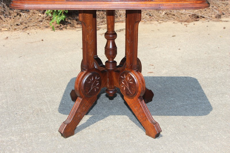 Large Walnut Victorian Eastlake Aesthetic Brown Marble Top Table ~ Ca.1880 gallery
