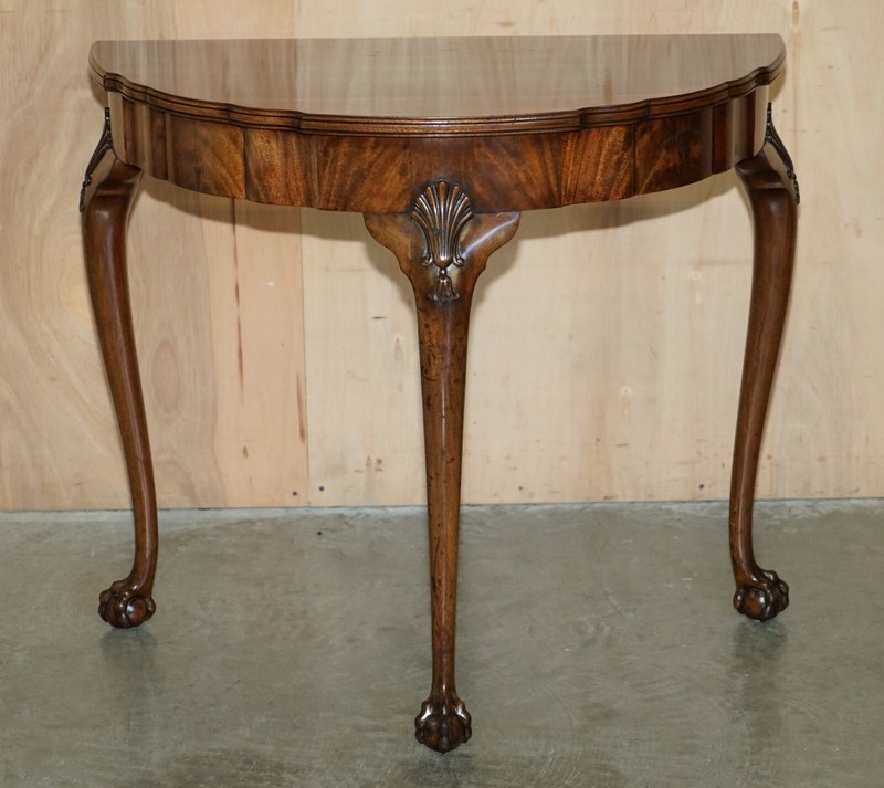 FLAMED MAHOGANY THOMAS CHIPPENDALE STYLE DEMI LUNE CLAW & BALL CONSOLE TABLE gallery