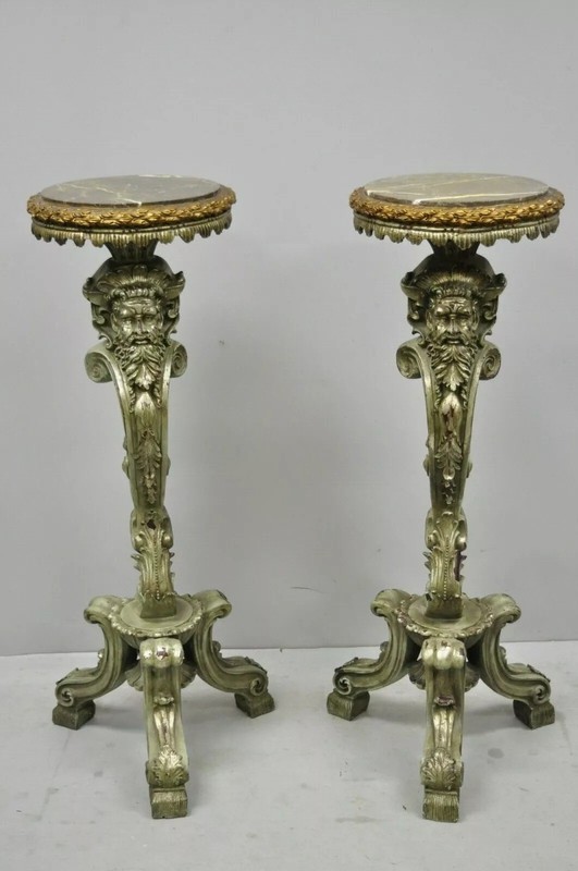 Italian Baroque Style Marble Top Figural Bearded Man Pedestal Stands - a Pair gallery