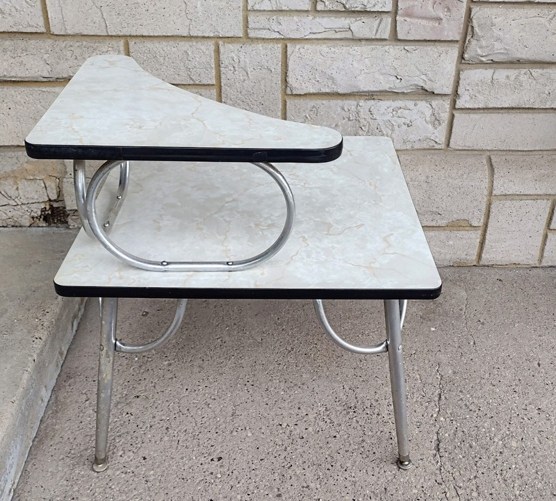 Vintage Atomic MCM Swedish Formica & Chrome Coffee & 2 Tier Step End Table Set gallery