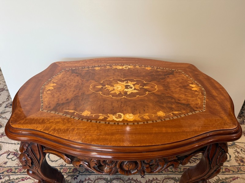 Vintage French Louis XV Style Carved Walnut & Satinwood Inlay Coffee Side Table