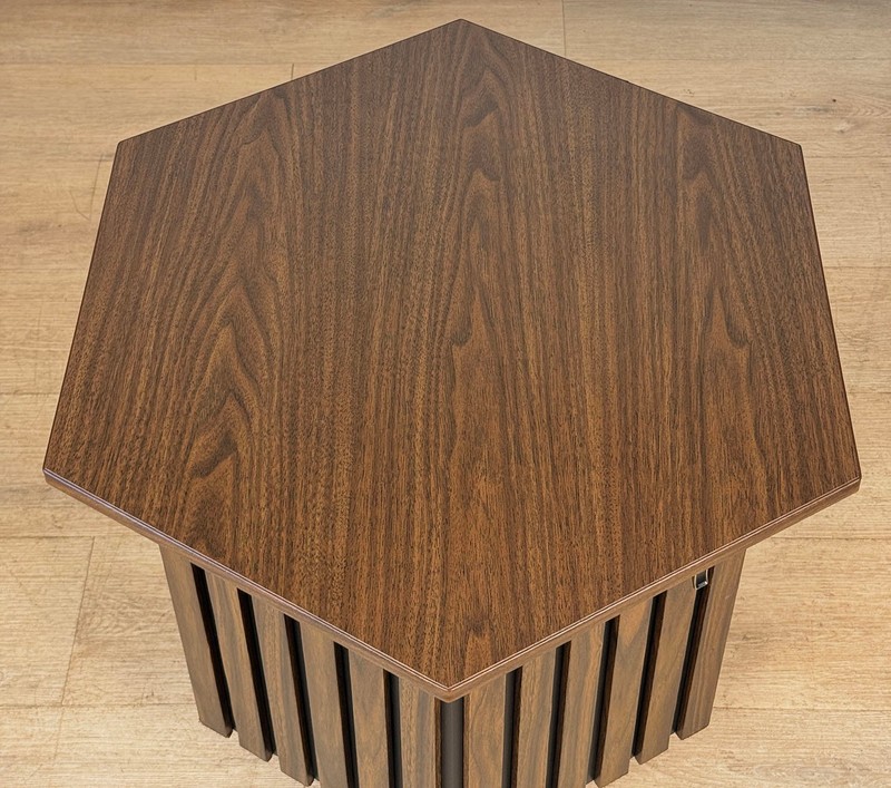 Mid-Century Hexagonal Walnut & Black Laminated Cocktail Table gallery