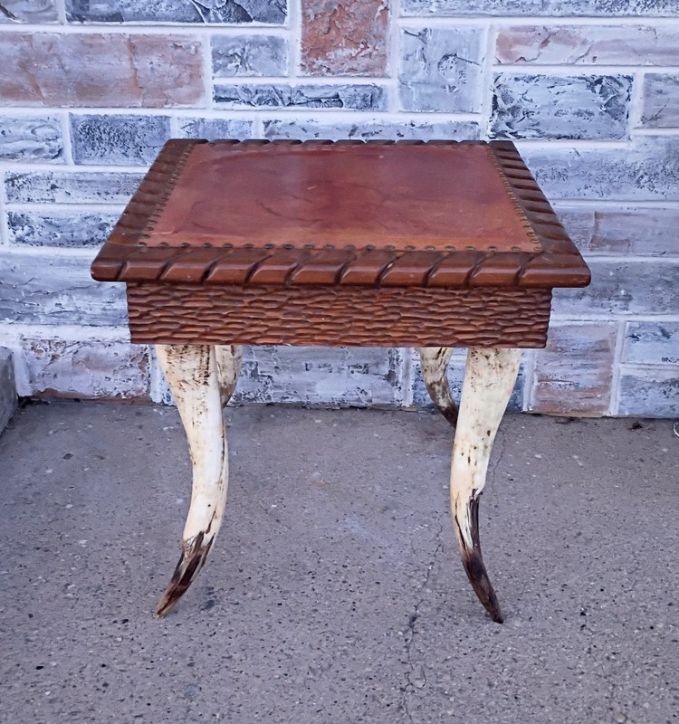 Vintage Mid Century Square Leather Top Bull Cow Horn Leg End Side Table