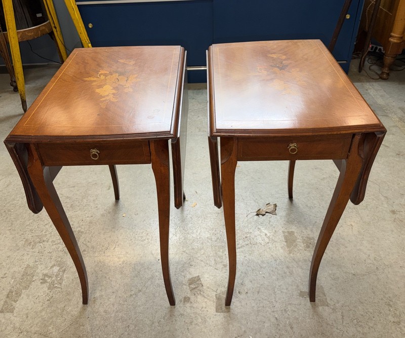 Pair Of 1920’s Inlaid French Style Marquetry Inlaid Drop Leaf End Tables