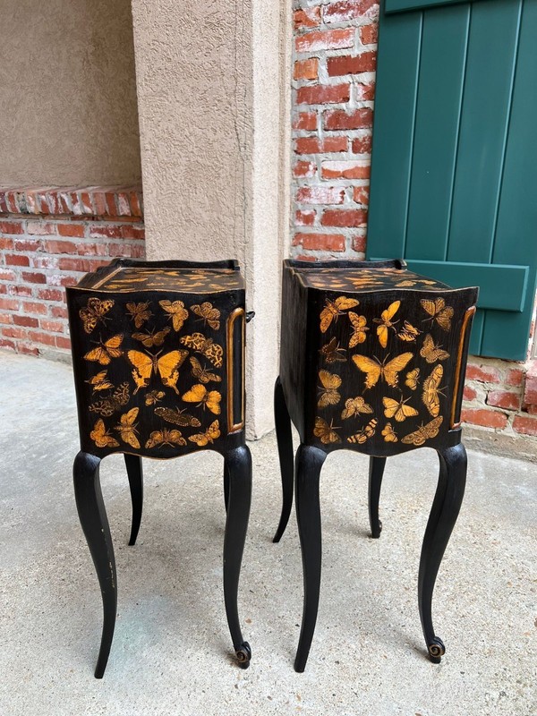PAIR French Bedside Cabinets Chinoiserie Butterfly Gilt Lacquer Tables gallery