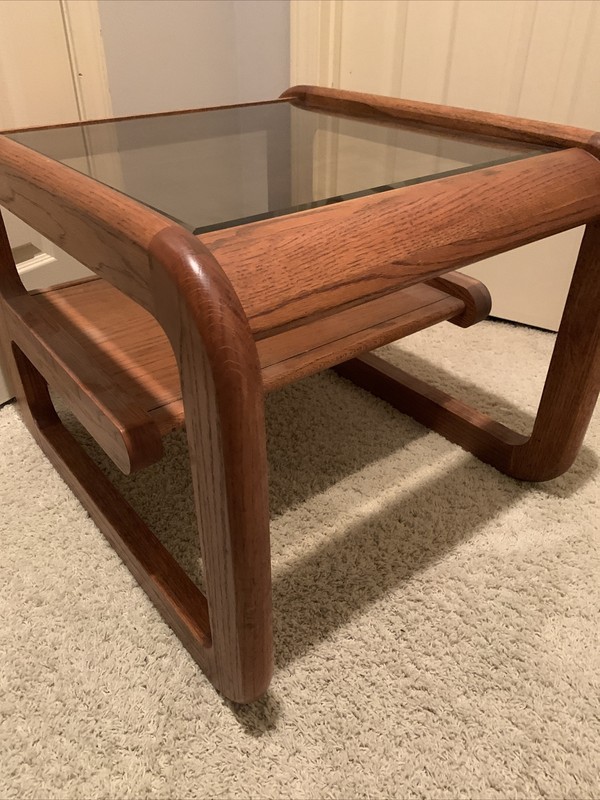 VTG 1970's Mod Lou Hodges Mersman Oak Cantilever Beveled Glass End Table gallery