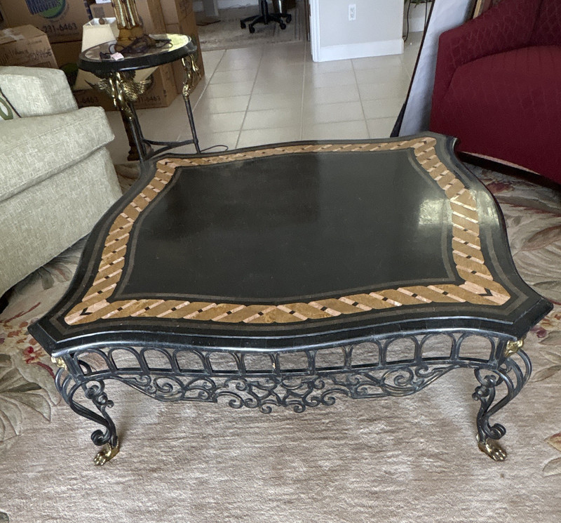 Maitland Smith Antique Black Gold Marble Coffee Table Ornate Metal Square 46"
