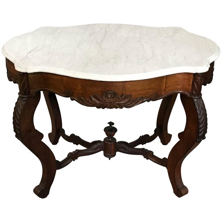 19th Century Victorian Carved Rosewood and Marble Center Table