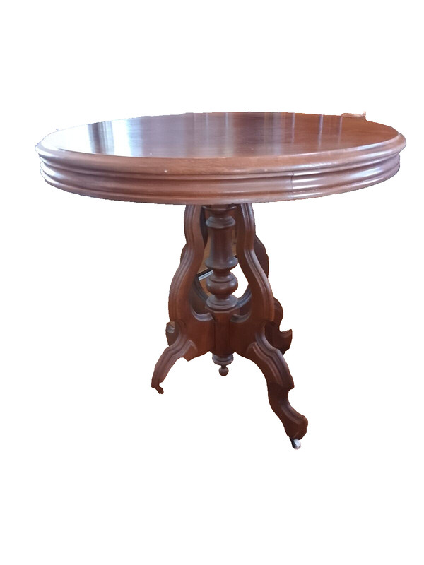Antique Victorian Walnut Wood Oval Carved Parlor Table Finial Porcelain Casters