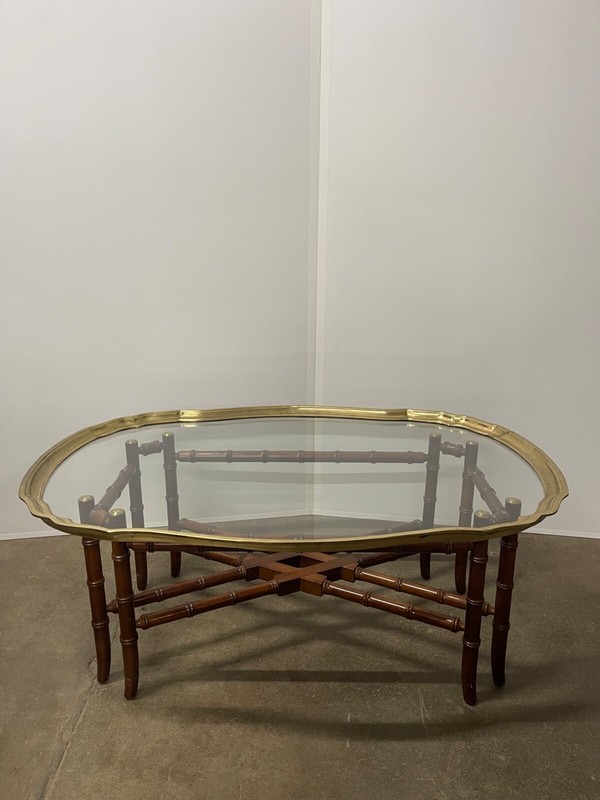 Late 20th Century Hollywood Regency Style Faux-Bamboo Brass and Glass Tray-Top C gallery