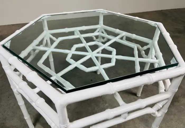 Vintage Chinese Chippendale Faux Bamboo White Lacquered Cocktail Center Table gallery