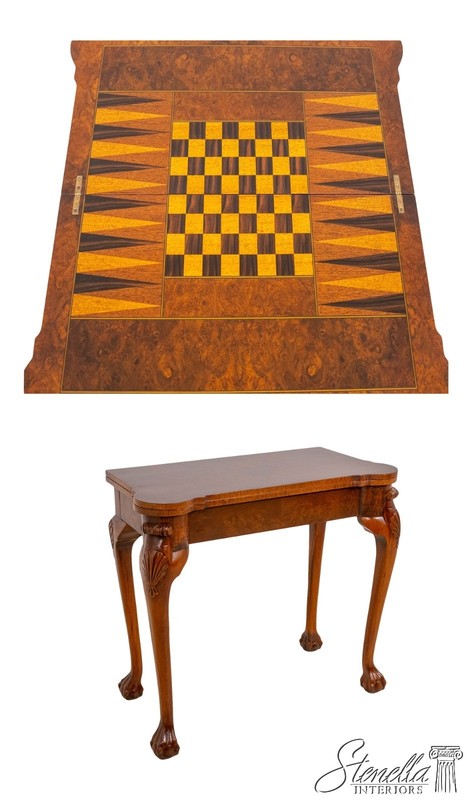 L70594: Chippendale Style Burl Walnut Flip Top Inlaid Game Table