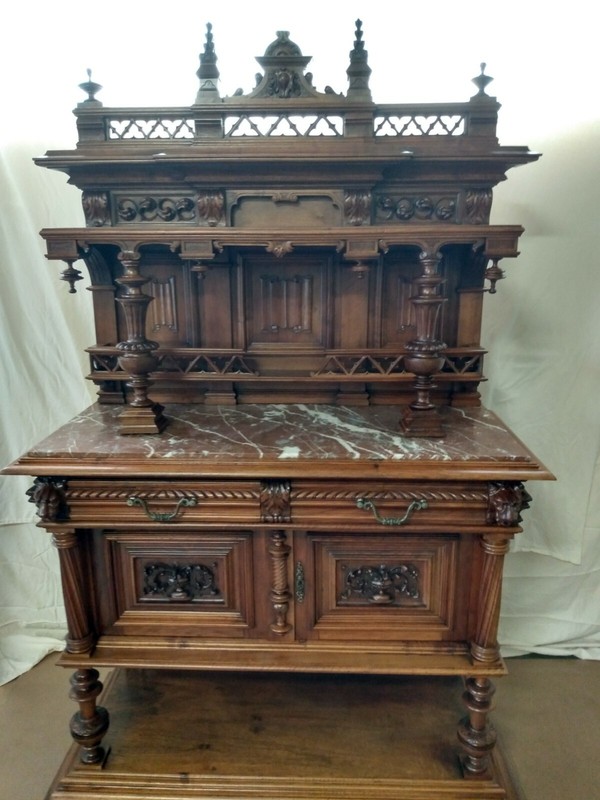 Antique French Renaissance Henry ll Walnut Heavily Carved Marble Top Server 1890