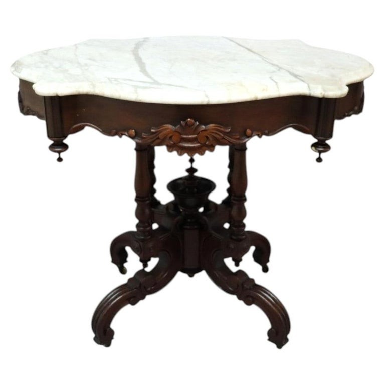 Renaissance Revival Carved Walnut & Marble Turtle Top Table c1890