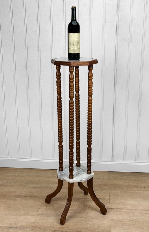 Vintage Traditional Turned Walnut & Marble Plant Stand Pedestal gallery