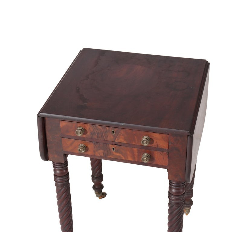 Sheraton Flame Mahogany 2 Drawer Drop Leaf Work Table c1830 gallery