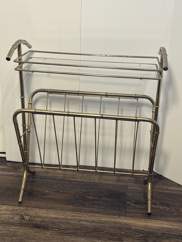VTG MCM Faux Bamboo Hollywood Regency Brass Glass Top Side Table & Magazine Rack gallery