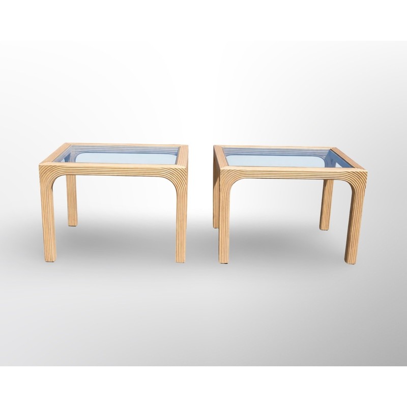 Split Reed Side Tables Pair Mid Century Modern Rattan with Glass Tops MCM