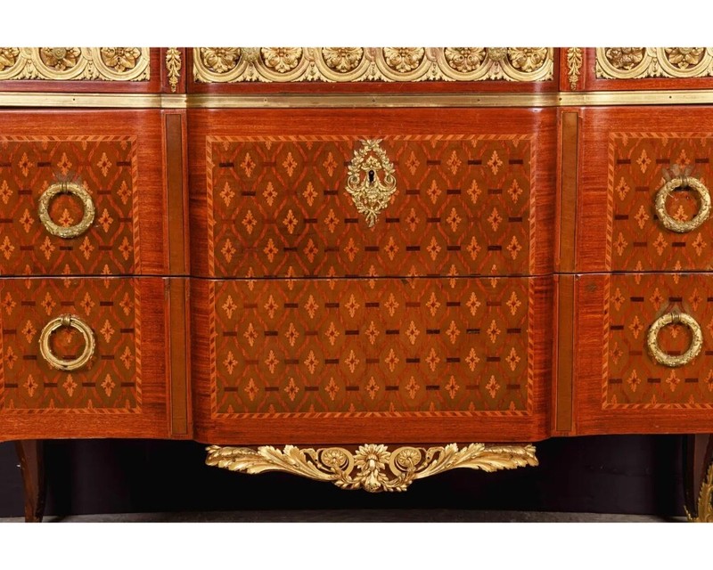 French Louis XVI Style Ormolu-Mounted Marquetry and Parquetry Commode gallery