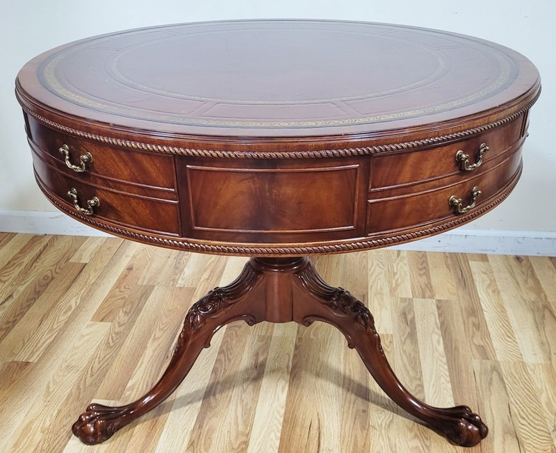 Vintage AMERICAN Mahogany Gilt Tooled LEATHER Top DRUM TABLE Heirloom WEIMAN gallery