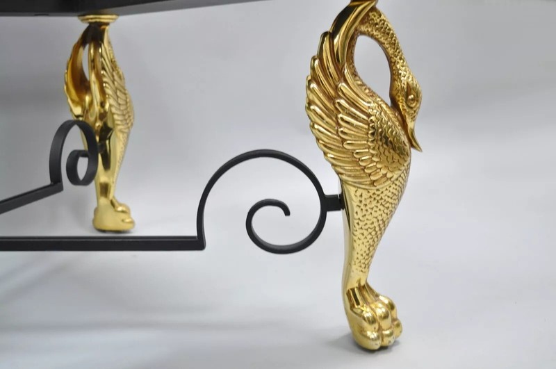 Regency Style Figural Swan Base Rectangular Iron and Glass Gold Coffee Table (A) gallery