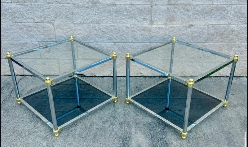 Maison Jansen Style Chrome Brass Side End Coffee Table Vintage New Glass Added