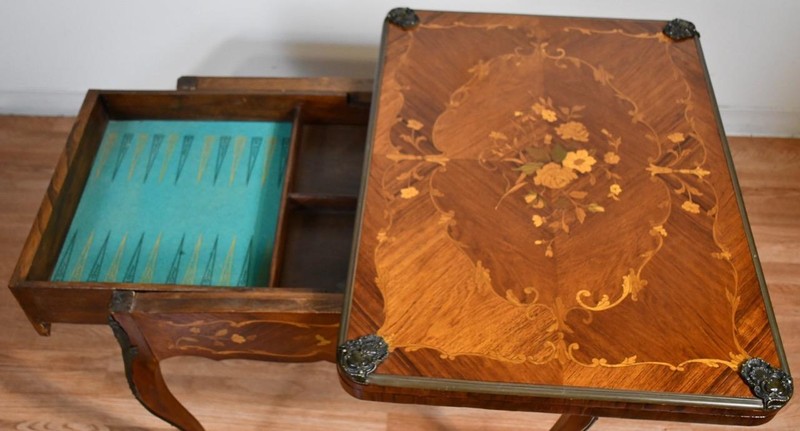 1880 Antique French Louis XV Walnut & Satinwood Inlaid Flip top Game Table gallery