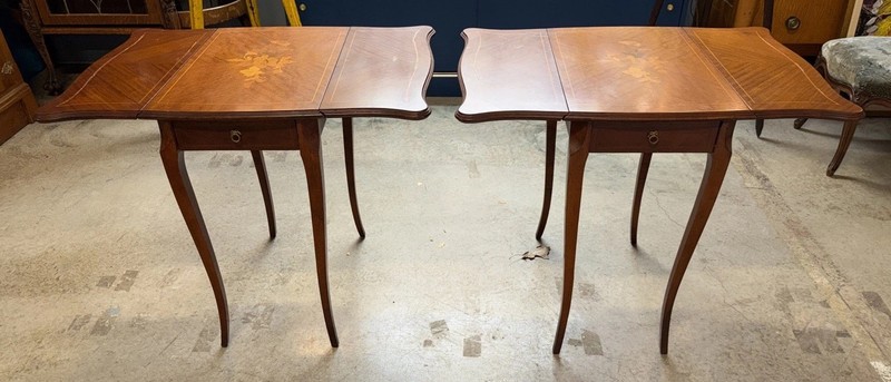 Pair Of 1920’s Inlaid French Style Marquetry Inlaid Drop Leaf End Tables gallery