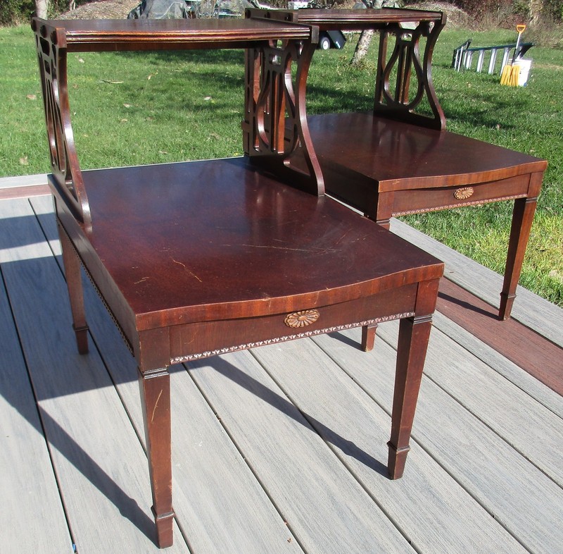 2 Rare Mid-century Lane two tiered end table frework and tapered legs with harps