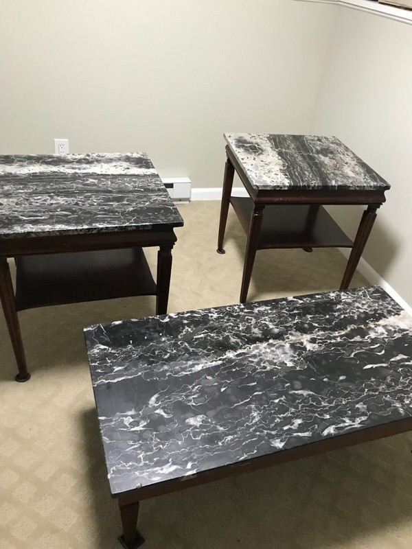 Vintage Genuine Italian Black Marble Matching Coffee Table and Side Tables