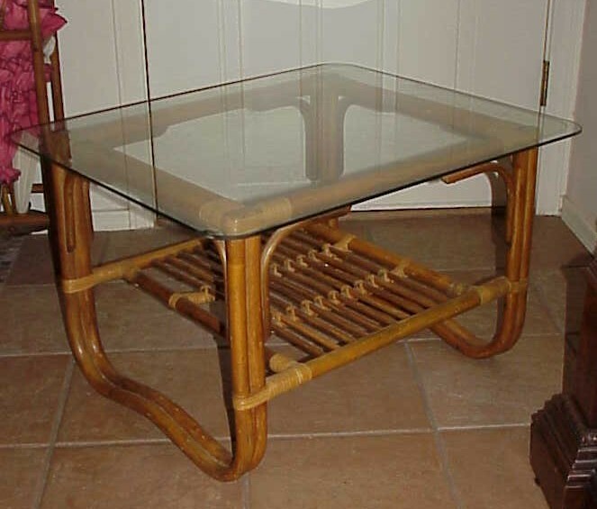 VINTAGE MID CENTURY 29" X 24" GLASS TOP BAMBOO ACCENT COFFEE TABLE W/SHELF gallery