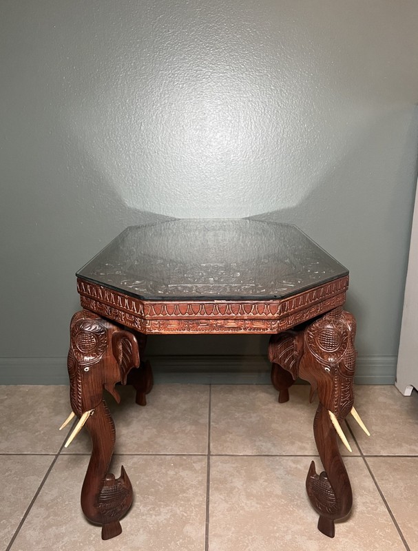 Mid 20th Century Anglo-Indian Carved Elephant Hardwood Octagon Table with Glass gallery