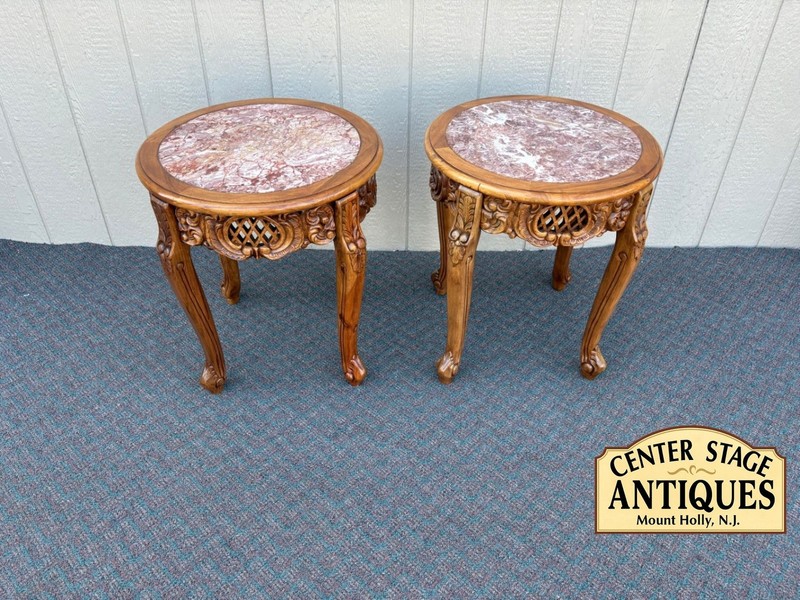 67604 Pair of Ornate Carved Wooden Tables with Marble Tops