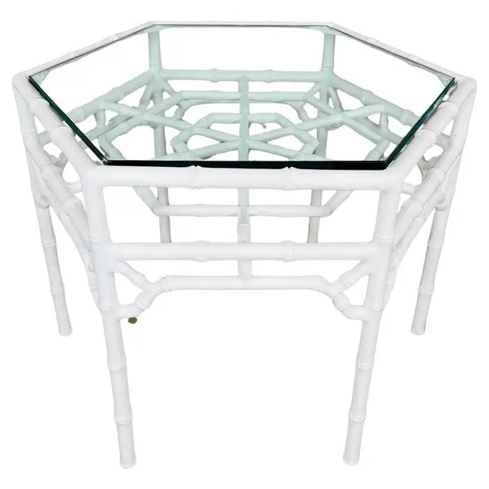 Vintage Chinese Chippendale Faux Bamboo White Lacquered Cocktail Center Table